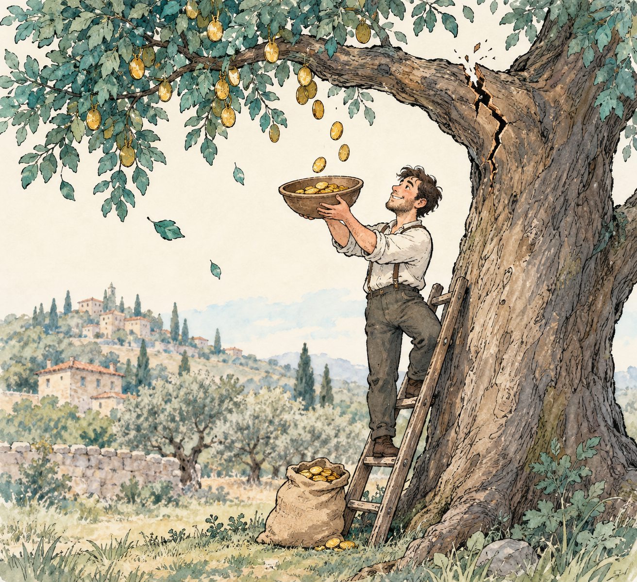 Sketch of a person on a ladder collecting coins from a cracked branch, illustrating coupon income that depends on a barrier