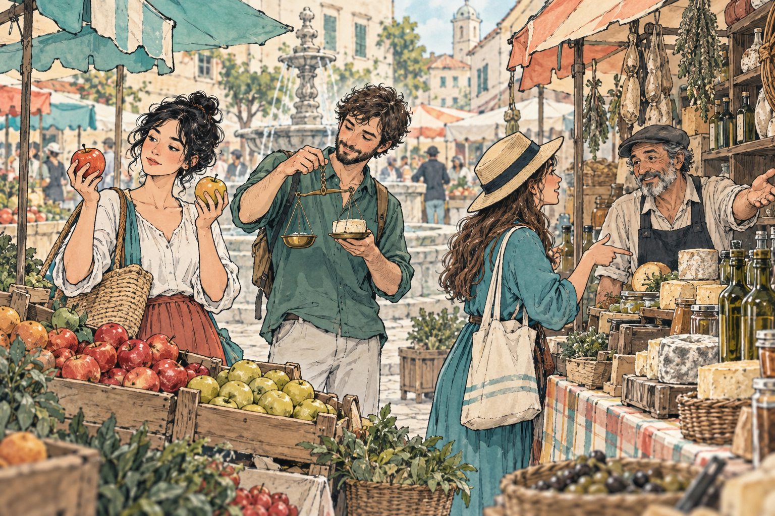 Sketch of people comparing goods at market stalls, illustrating careful product comparison