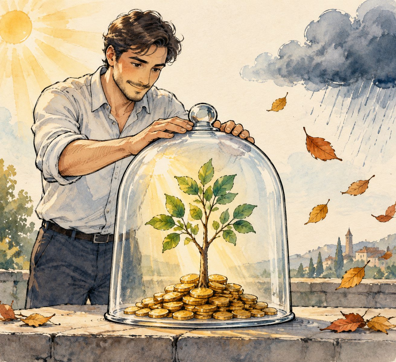 Sketch of a small tree growing from coins under a protective glass dome, illustrating principal protected growth
