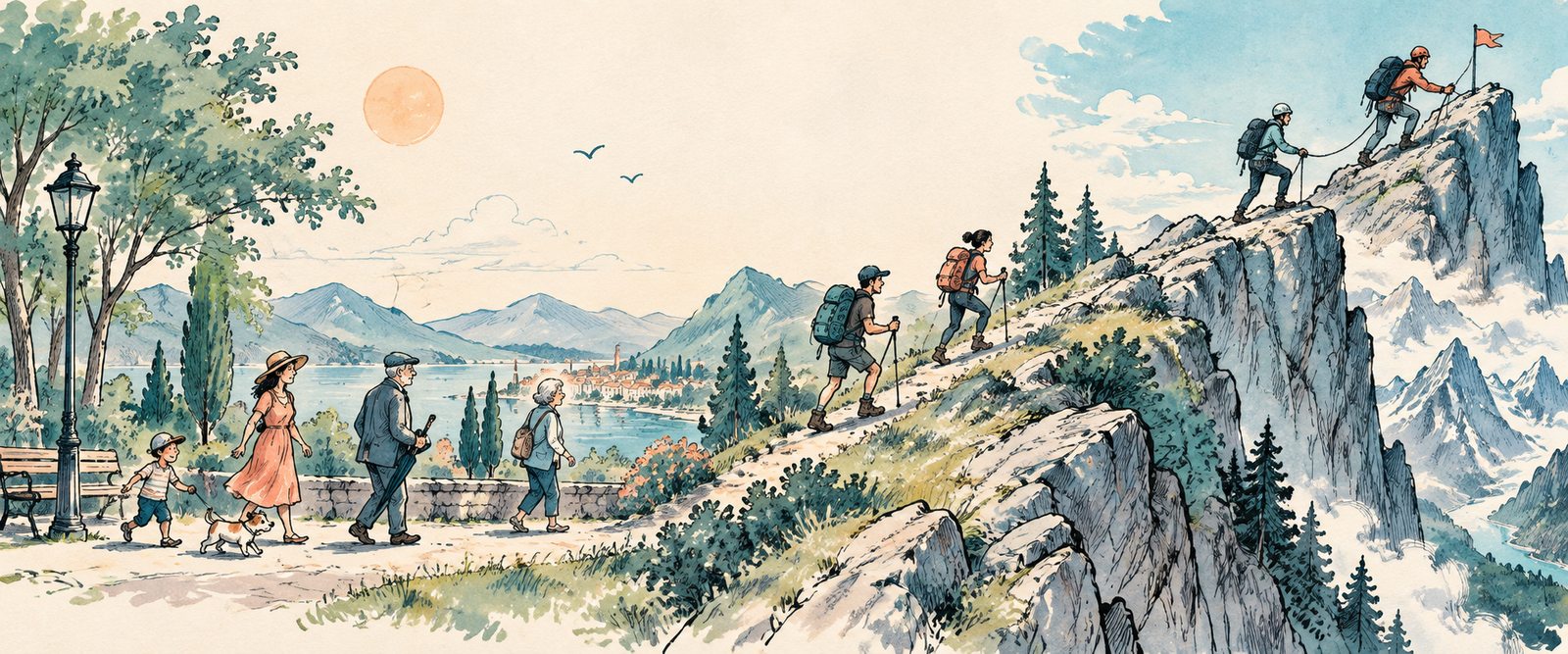 Sketch of a journey from a calm stroll on a safe path to mountaineers on a steep cliff, illustrating the risk spectrum of structured products
